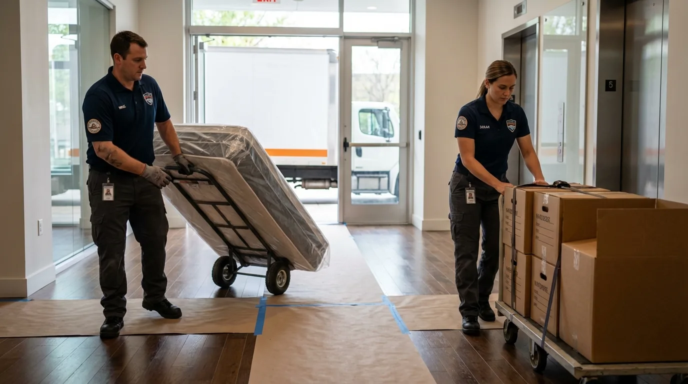 Professional apartment movers loading elevator in Lucedale, MS